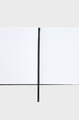 Black faux-leather A5 notebook with signature-stripe strap, Black