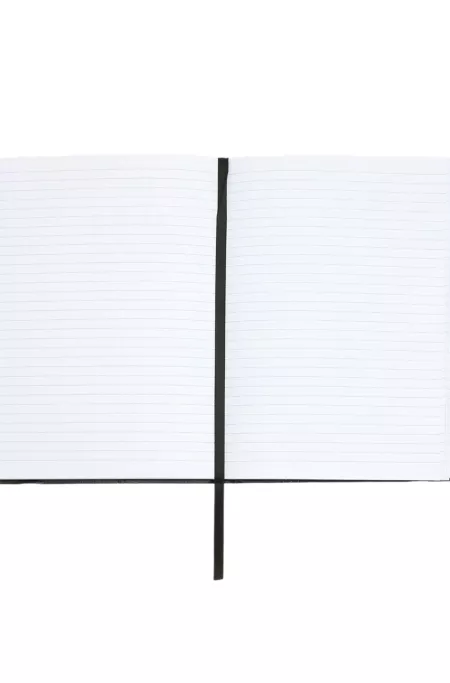 Black faux-leather A5 notebook with signature-stripe strap