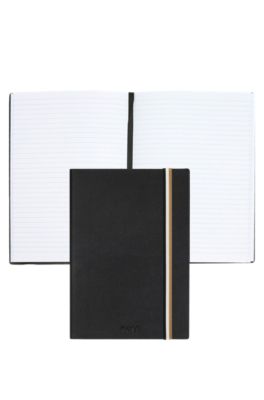 Black faux-leather A5 notebook with signature-stripe strap, Black