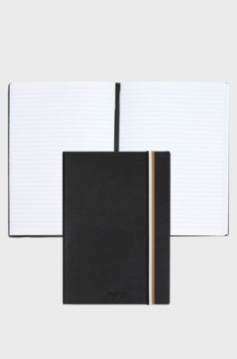 Black faux-leather A5 notebook with signature-stripe strap, Black