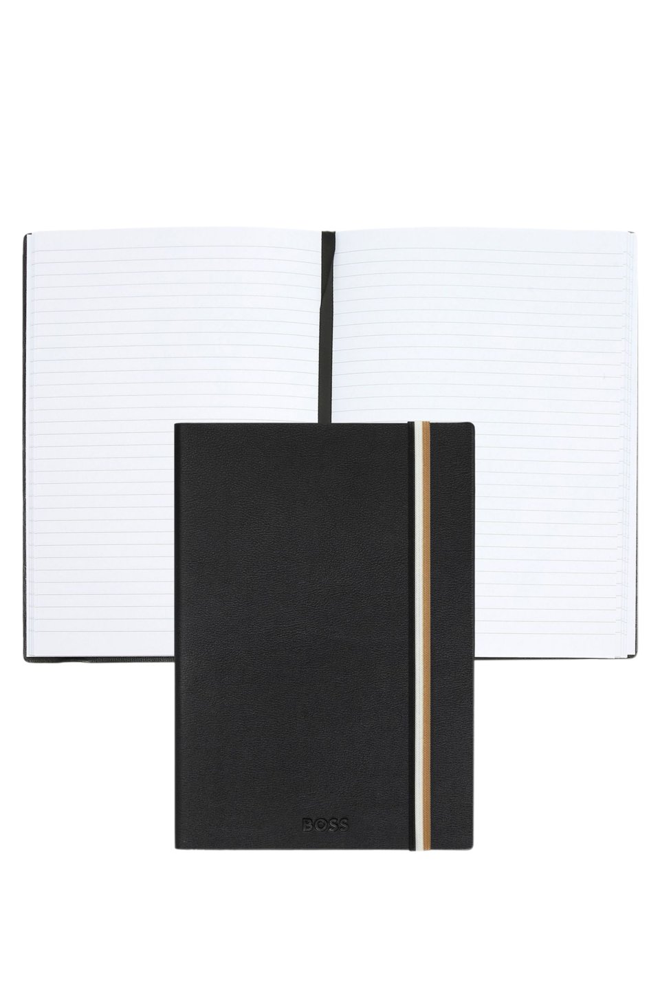 faux-leather A5 notebook with signature-stripe strap
