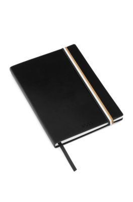 Black faux-leather A5 notebook with signature-stripe strap, Black