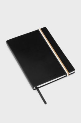Black faux-leather A5 notebook with signature-stripe strap, Black