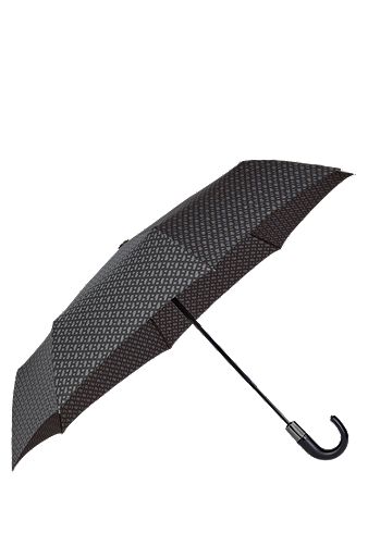 Donkergrijze paraplu met monogramdessin en logobandje, Donkergrijs
