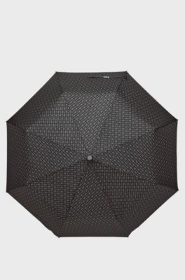 Dark-grey monogram-pattern umbrella with logo strap, Dark Grey
