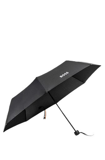 Mini umbrella with signature-stripe closing strap, Black