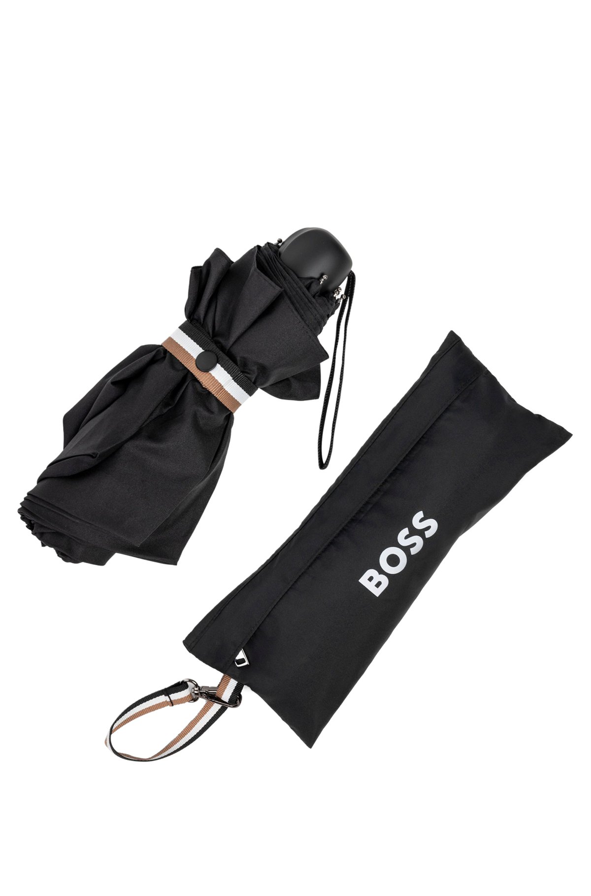 Mini umbrella with signature-stripe closing strap, Black