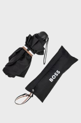 Mini umbrella with signature-stripe closing strap, Black