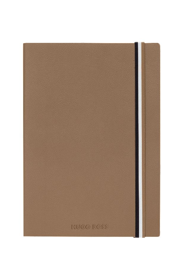 Camel faux-leather A5 notebook with signature-stripe strap, Assorted-Pre-Pack