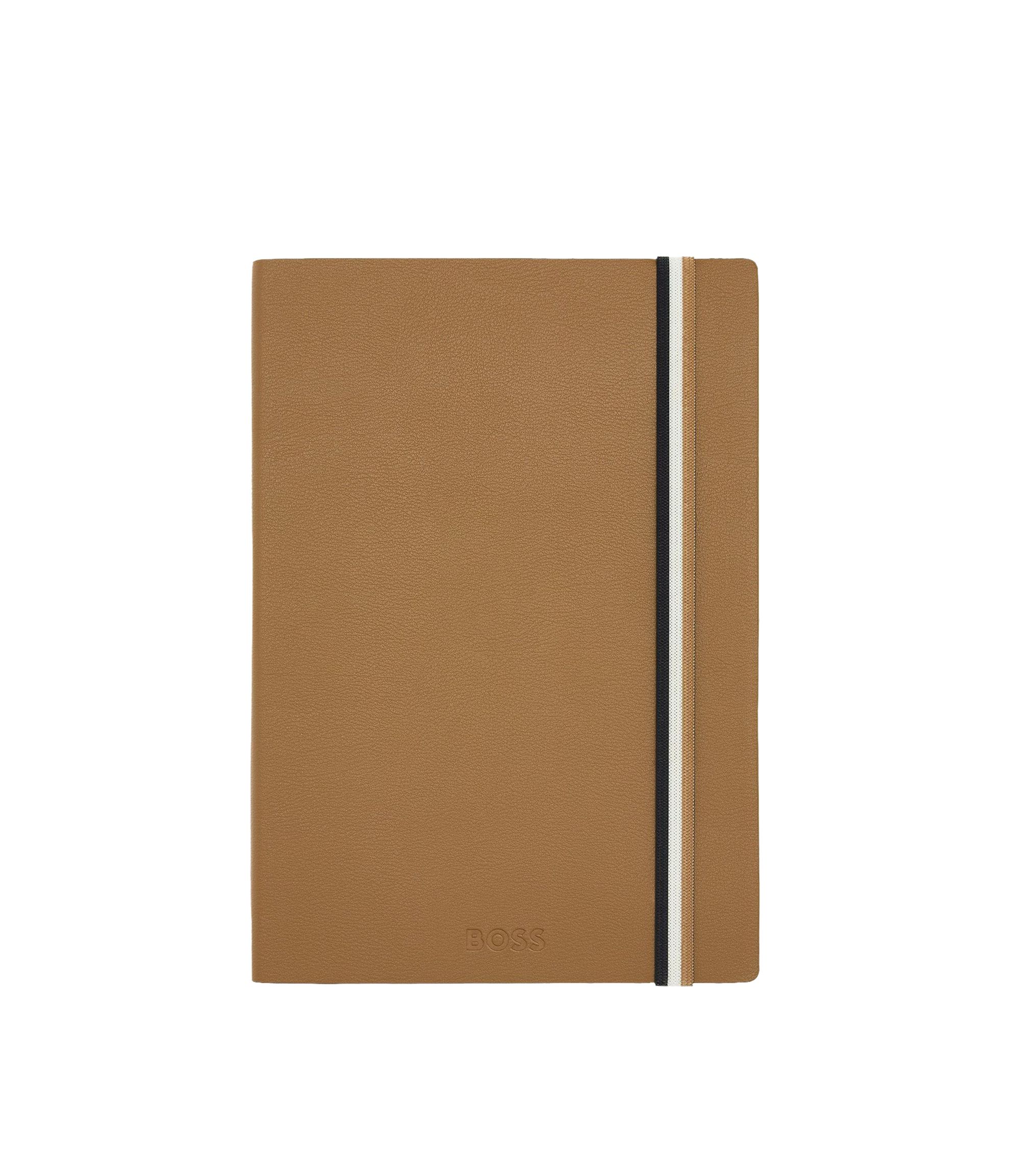 DIN-A5-Notizbuch aus camelfarbenem Kunstleder mit Signature-Streifen-Riemen