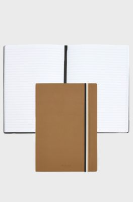 Camel faux-leather A5 notebook with signature-stripe strap, Assorted-Pre-Pack