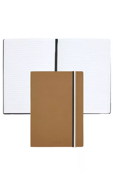 Carnet A5 en similicuir camel avec élastique à rayures emblématiques