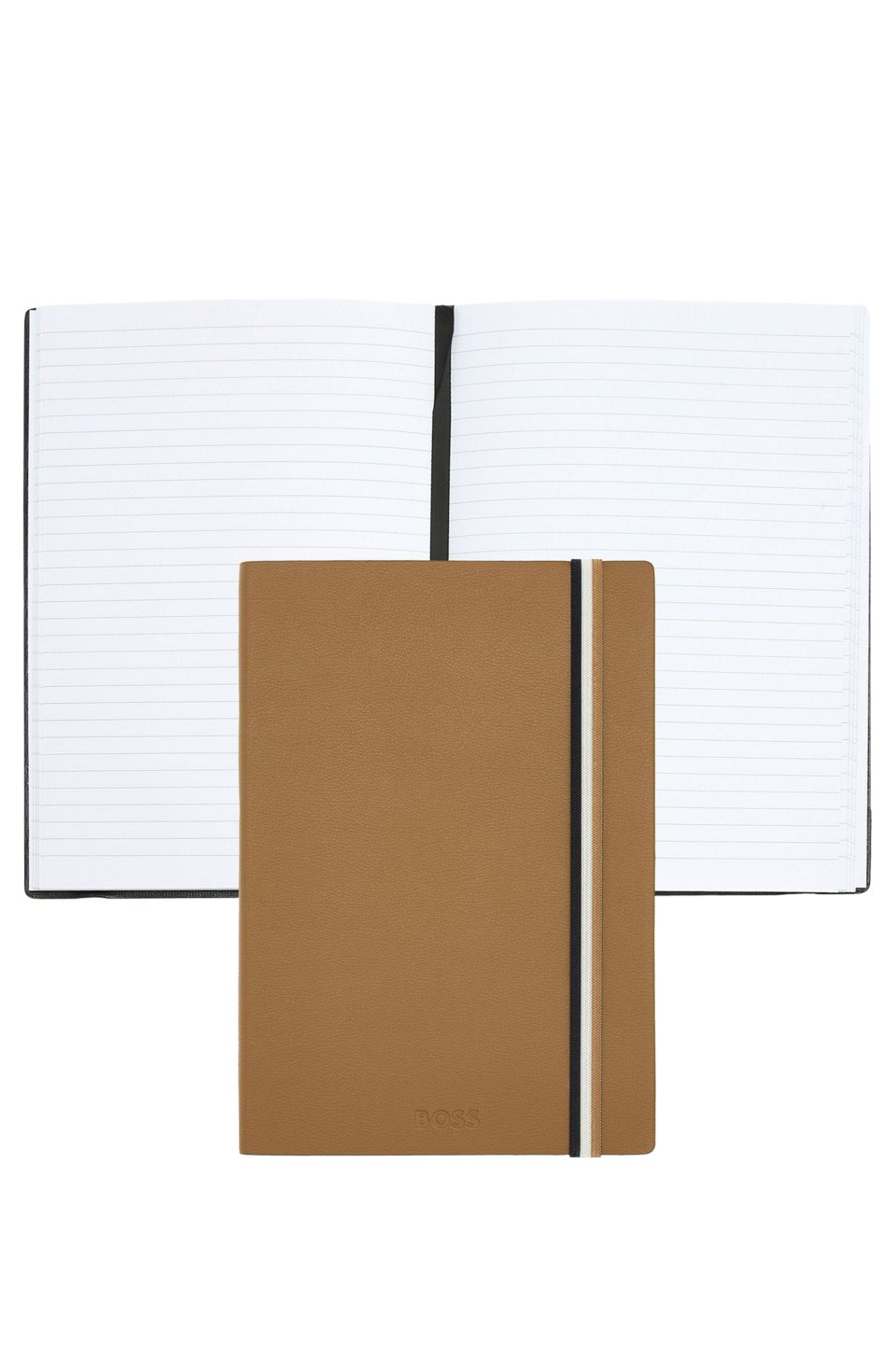 Camel faux-leather A5 notebook with signature-stripe strap
