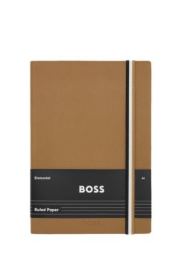 Camel faux-leather A5 notebook with signature-stripe strap, Assorted-Pre-Pack