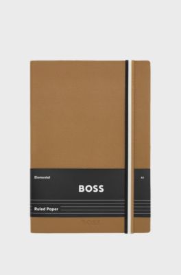 Camel faux-leather A5 notebook with signature-stripe strap, Assorted-Pre-Pack