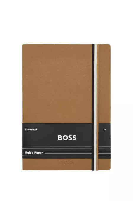 Carnet A5 en similicuir camel avec élastique à rayures emblématiques