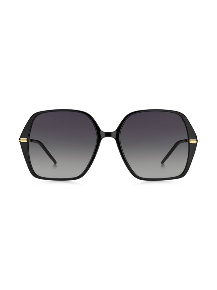 Artikel klicken und genauer betrachten! - Elegante BOSS Sonnenbrille. Das leichte Accessoire mit eckiger Fassung aus schwarzem Acetat ist mit goldfarbenen Edelstahlbügeln mit dezentem Logo versehen. | im Online Shop kaufen