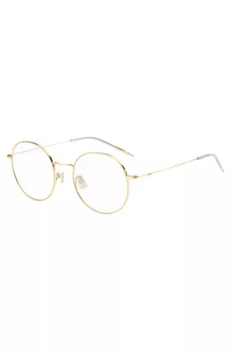 Monture optique ronde en métal doré avec logo gravé au laser