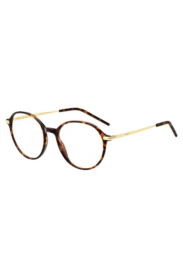 Runde Brillenfassung aus Acetat mit Havanna-Muster und goldfarbenen Bügeln, Braun