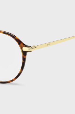 Montura para gafas graduadas redonda en acetato Habana con patillas en tono dorado, Marr&oacute;n