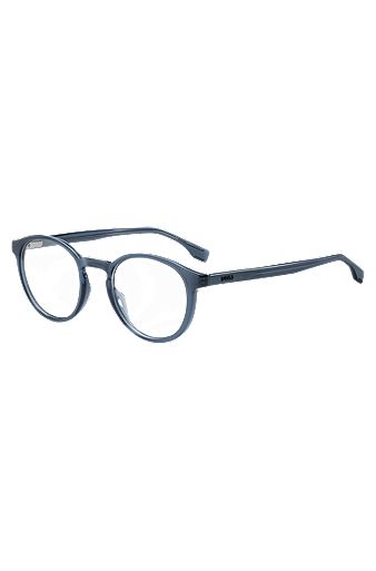 Runde Brillenfassung aus blauem Acetat mit 3D-Logo, Blau