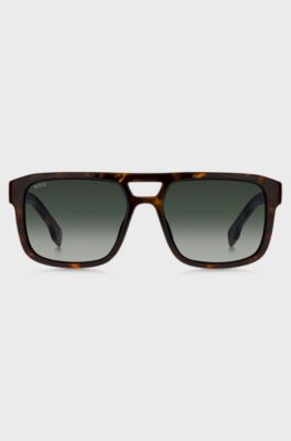 Double-bridge sunglasses in patterned acetate with 3D logo, Brown