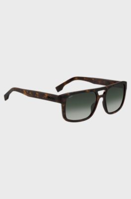 Double-bridge sunglasses in patterned acetate with 3D logo, Brown