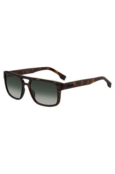 Double-bridge sunglasses in patterned acetate with 3D logo, Brown