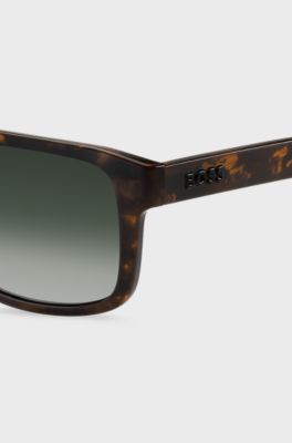 Double-bridge sunglasses in patterned acetate with 3D logo, Brown