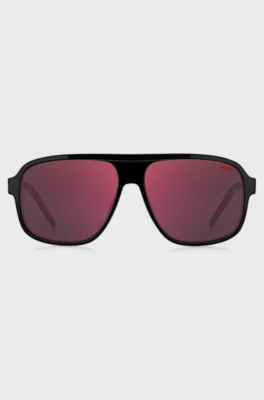 Occhiali da sole in acetato nero con lenti sfumate rosse, Nero