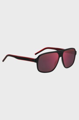 Occhiali da sole in acetato nero con lenti sfumate rosse, Nero