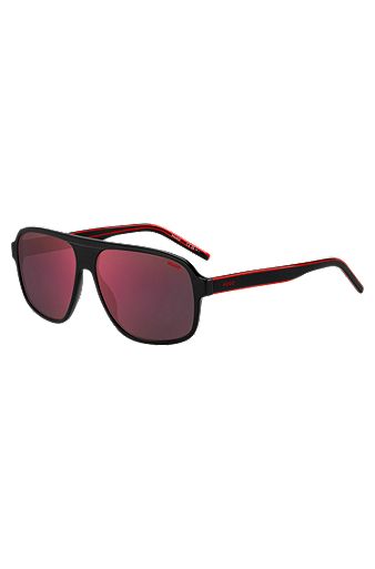 Sonnenbrille aus schwarzem Acetat mit rot getönten Gläsern, Schwarz