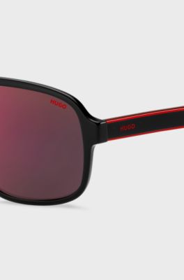 Occhiali da sole in acetato nero con lenti sfumate rosse, Nero