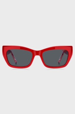 Occhiali da sole in acetato rosso con aste effetto a strati, Rosso