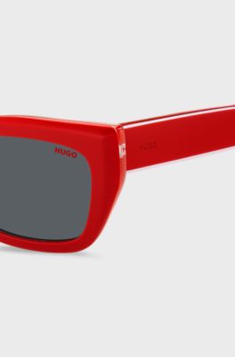 Occhiali da sole in acetato rosso con aste effetto a strati, Rosso