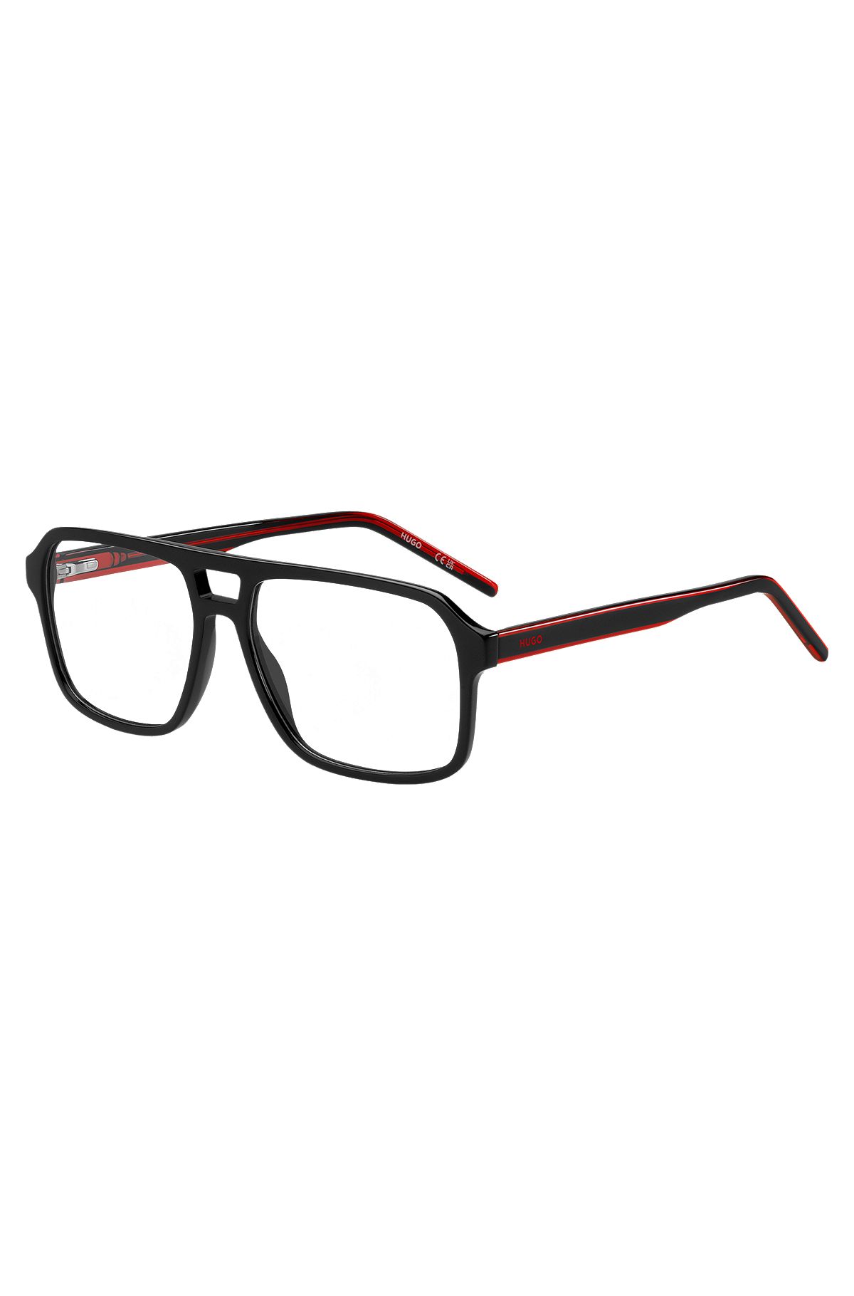Schwarze Brillenfassung mit Doppelsteg und roten Details, Schwarz