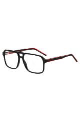 Schwarze Brillenfassung mit Doppelsteg und roten Details, Schwarz