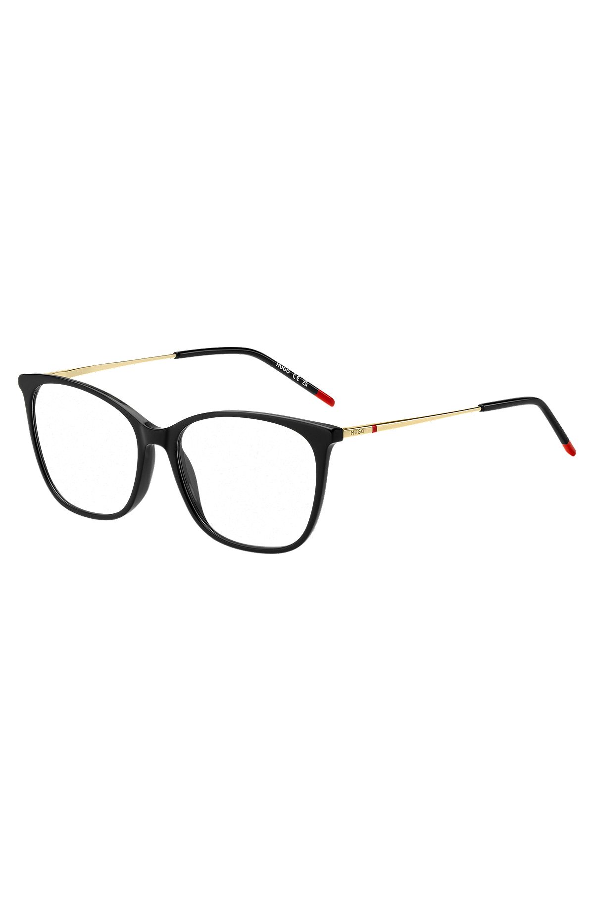 Brillenfassung aus schwarzem Acetat mit goldfarbenen Bügeln, Schwarz