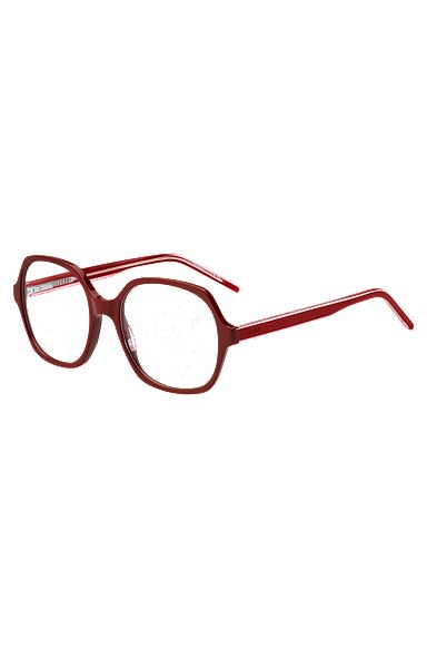Brillenfassung aus rotem Acetat mit mehrlagigen Bügeln, Rot