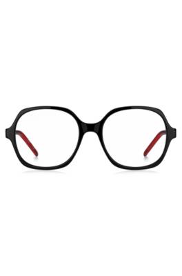 Black-acetate optical frames with signature-red layered temples