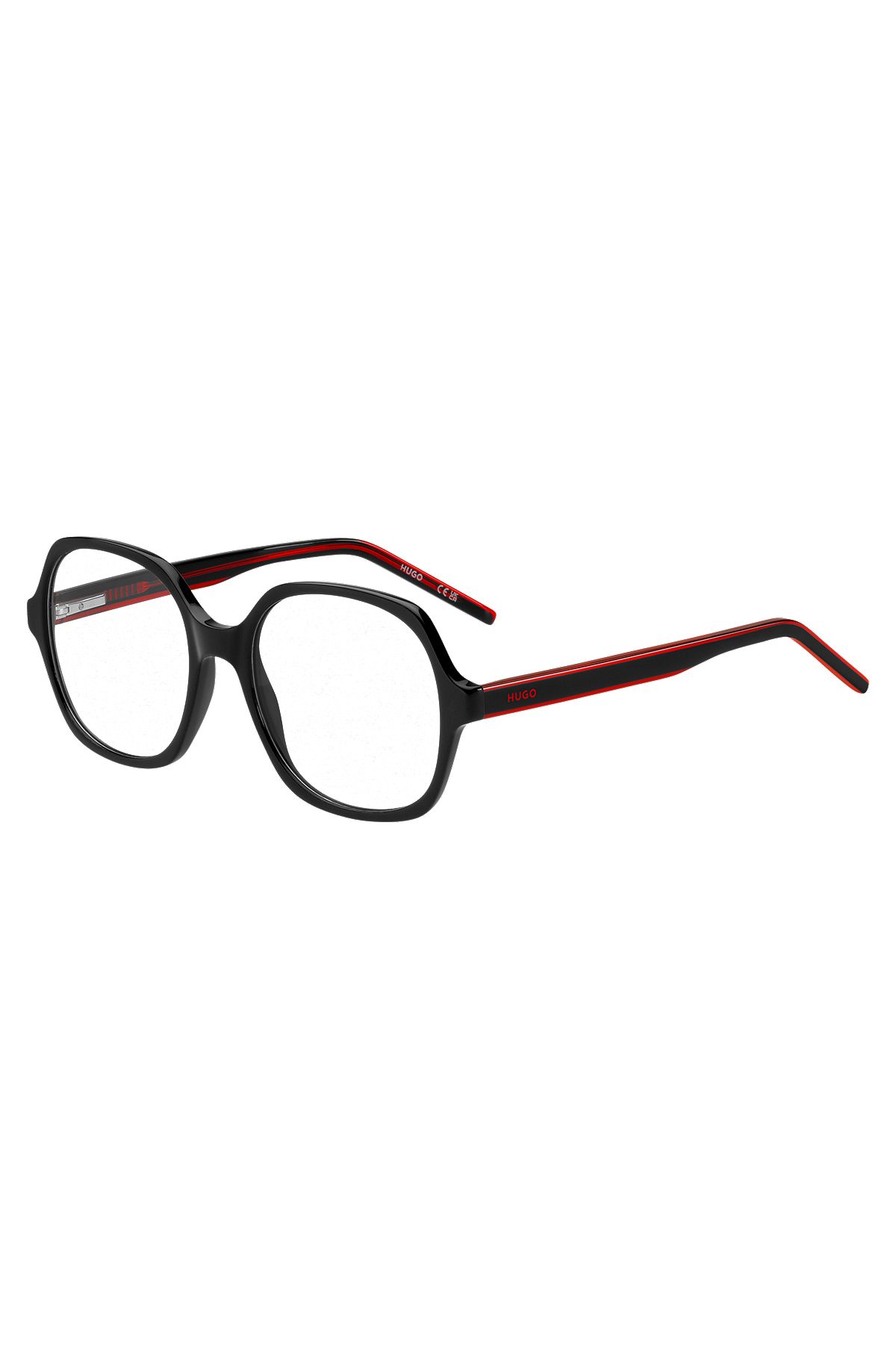 Black-acetate optical frames with signature-red layered temples, Black