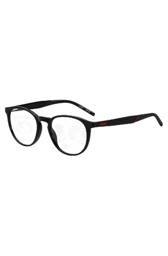Brillenfassung aus schwarzem Acetat mit gemusterten Bügeln, Schwarz