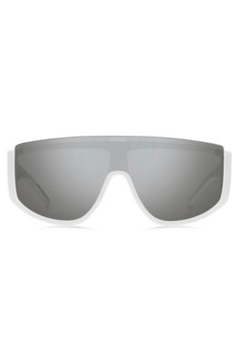 Mask-style sunglasses in white with stacked logo, White