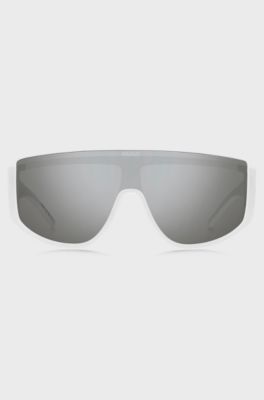 Mask-style sunglasses in white with stacked logo, White