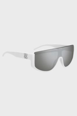 Mask-style sunglasses in white with stacked logo, White