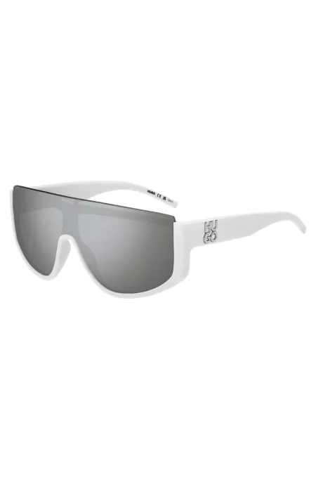 Mask-style sunglasses in white with stacked logo