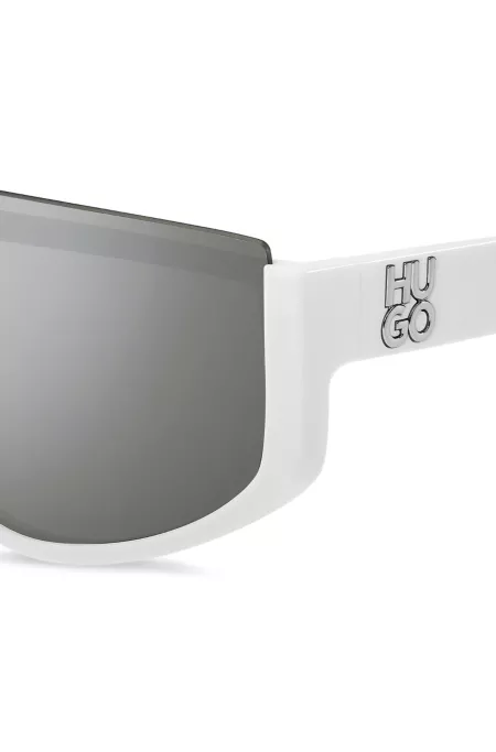 Mask-style sunglasses in white with stacked logo
