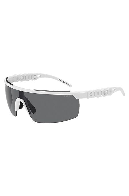 Weiße Sonnenbrille im Masken-Stil mit 3D-Logo auf den Bügeln, Weiß