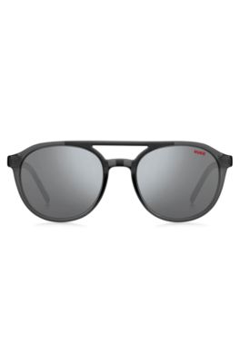 Double-bridge sunglasses in grey acetate with patterned temples, Grey
