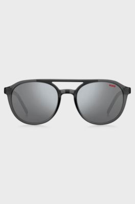 Double-bridge sunglasses in grey acetate with patterned temples, Grey